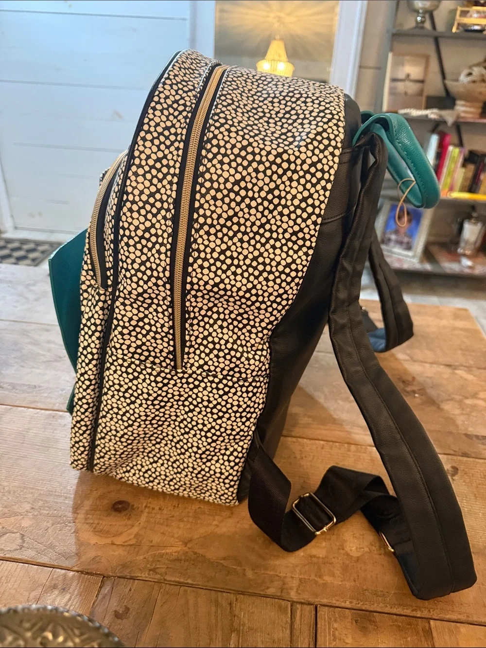 Betsey Johnson Black & White Polka Dot Backpack with Teal Bow